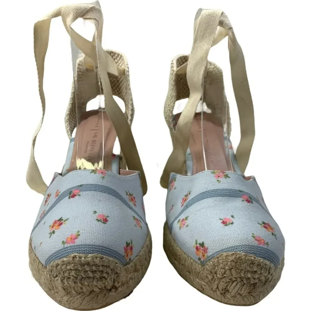 GAL MEETS GLAM x Margaux Blue Stripe Floral Espadrille Wedges Resort Vacay